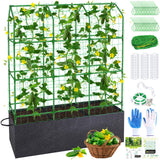 66x65x18 Inch Cucumber Trellis for Raised Bed - with 61 Gallon Grow Bags, Garden Trellis for Climbing Plants Outdoor with Climbing Net and Plant Support for Cucumber, Tomato, Vegetable, Grape, Vine