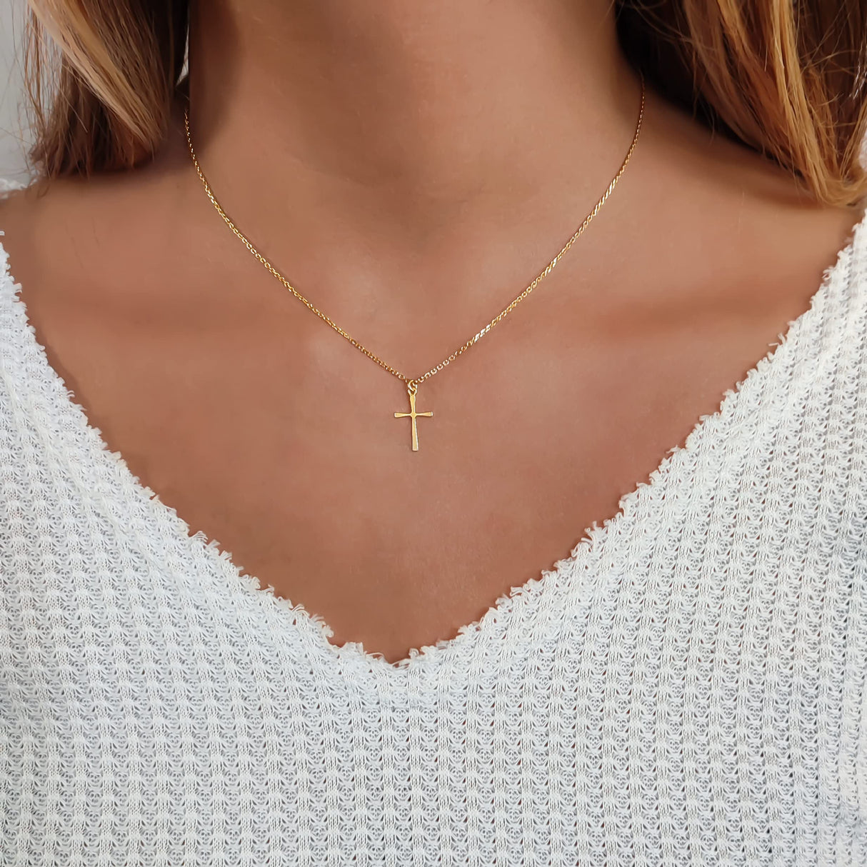 Annika Bella Gold Cross Necklace, 16-18 Inches Gold Chain, Womens Small Simple Cross Pendant Necklaces, Faith Gift for Her, Christian Jewelry (Gold)
