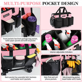 Chyaidach Rolling Cleaning Caddy, Cleaning Supplies Organizer with Trolley, Wearable Cleaning Tote Bag on Wheels with Hard Bottom, Cleaning Carts for Housekeepers/Home/Car/Office/Picnic (Pink)