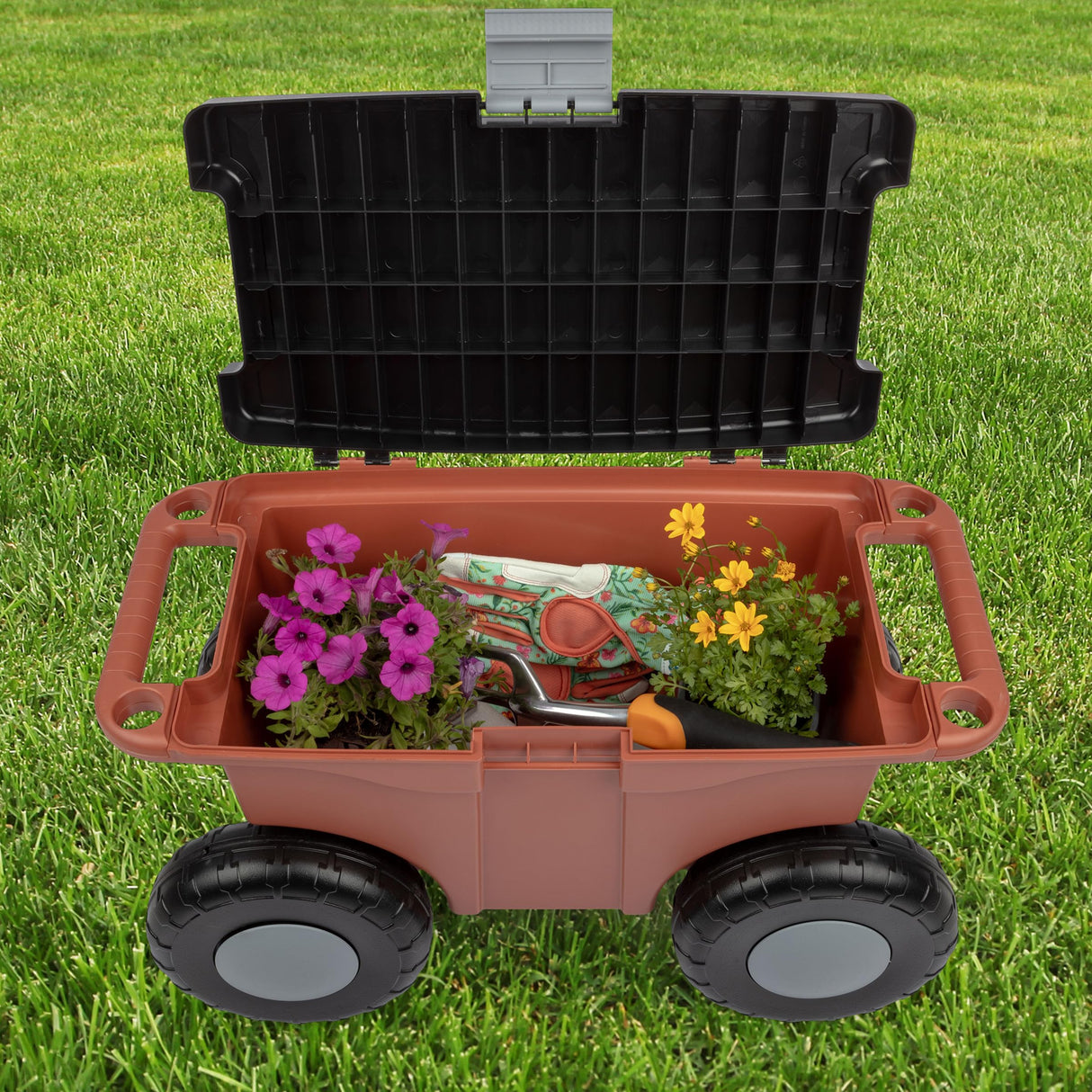 Pure Garden Rolling Garden Cart with Seat, Terracotta