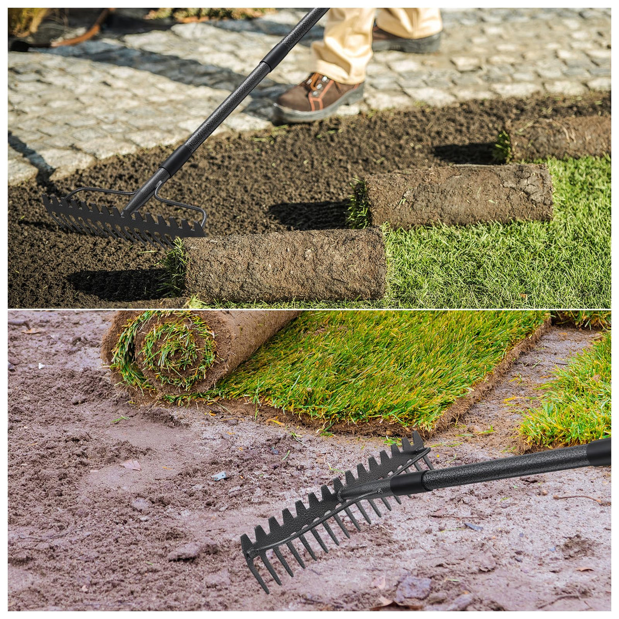 JAOTREL 49'' Bow Rake Heavy Duty Garden Rake with Stainless Steel Handle, Tines Metal Head Rake Tool for Loosening Soil Gathering Leaf Leveling Lawn Farming Land Management Yarn Thatch Rake