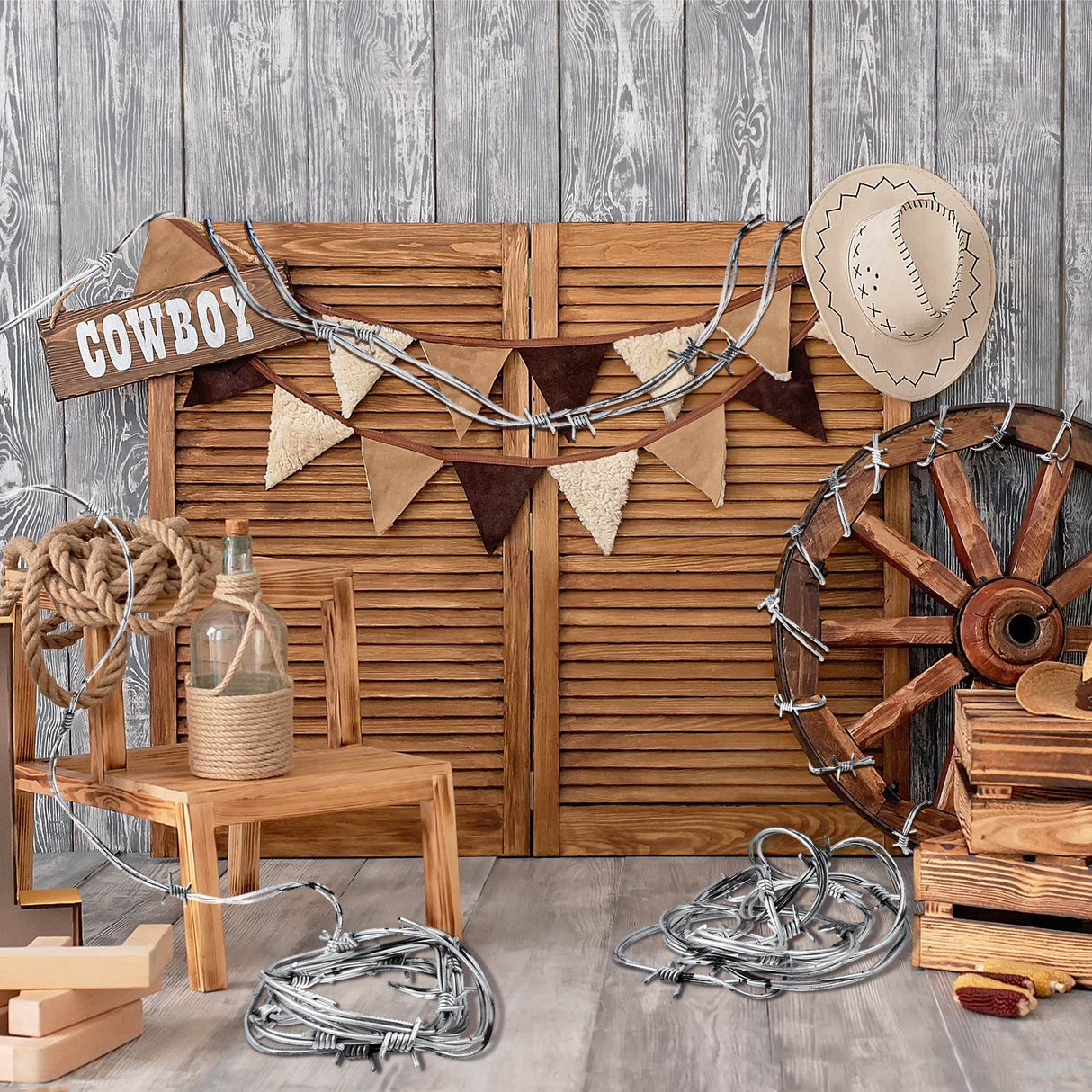 Taiyin 4 Pcs 32.8 Foot Fake Rusted Barbed Wire Decoration Halloween Plastic Faux Barb Wire Prop Western Decor for Cowboy Christmas Party (Silver)