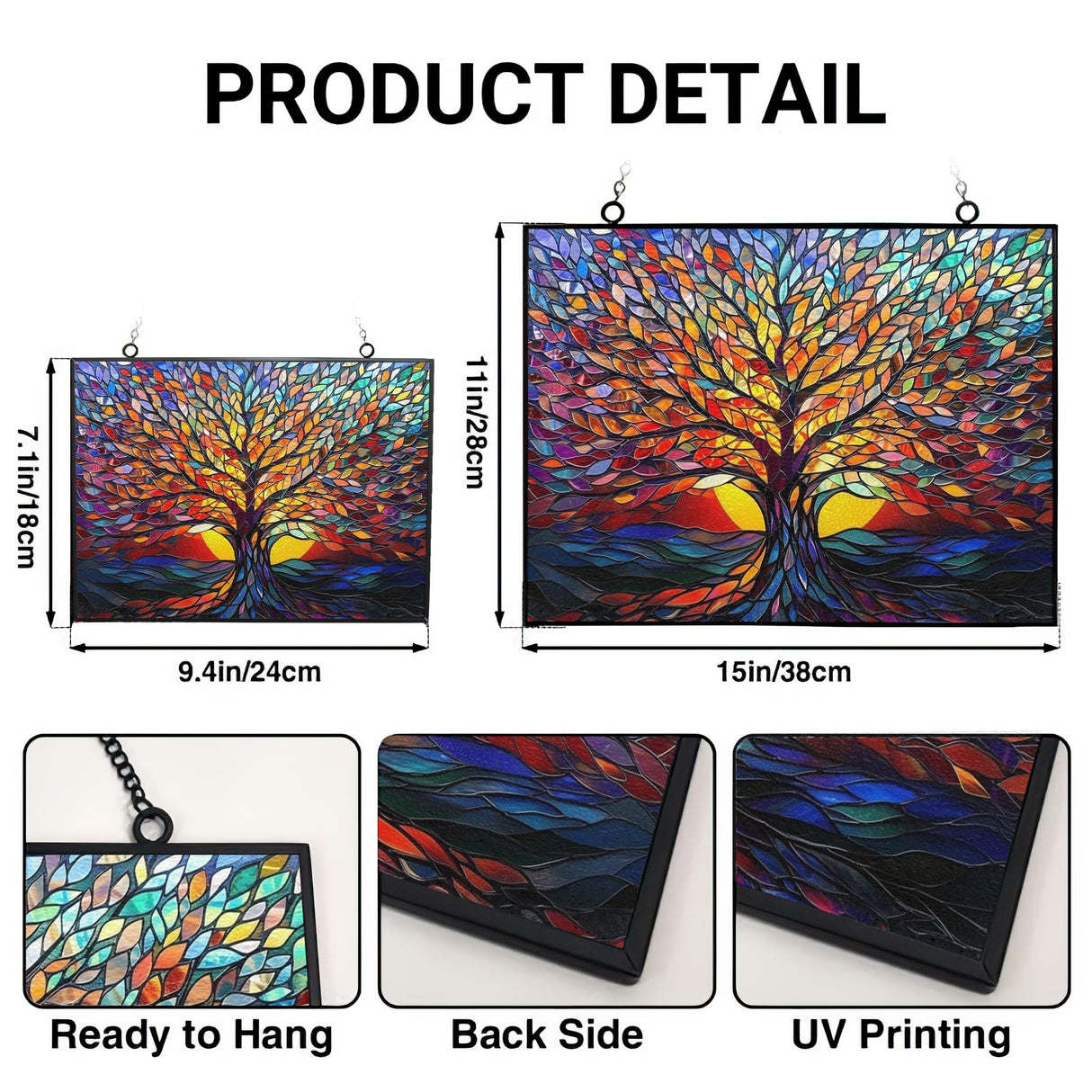 HYPESTYLE Rectangle Tree of Life Stained Glass Window Hanging, 15" W X 11" H Stained Glass Panel with Chain, Suncatchers for Windows Hanging Decorations, Gifts for Mom, Grandma, Wife, Sister