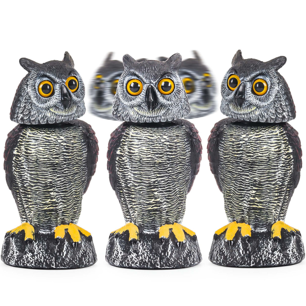 Crobirware 3 Pack Fake Owl Decoys to Scare Birds Away - Rotating Head Plastic Owl Scarecrows, Squirrel Hawk Bird Deterrent for Outside Garden Yard, Statues Garden Decor