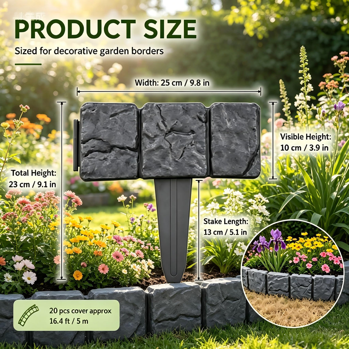 20PCS Imitation Stone Garden Fence, Faux Stone Edging for Landscaping,Plastic Retaining Edging Border for Flower Beds,Interlocking Landscape Edging,No Dig Decorative Lawn Border(Gery)