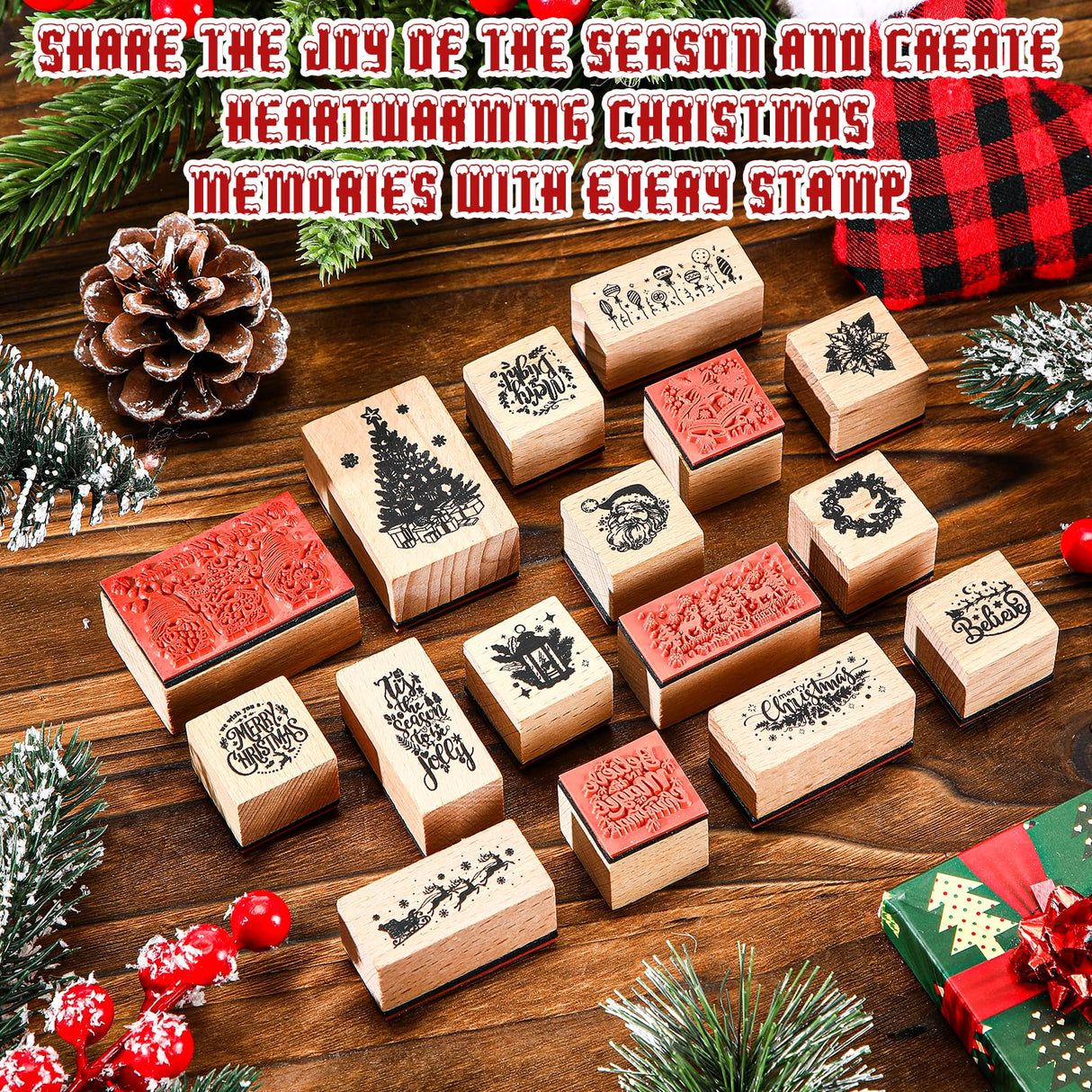 Marspark 22 Pcs Christmas Wooden Rubber Stamps and Craft Ink Pads Set Mixed Christmas DIY Cards Wooden Rubber Stamps for Party Scrapbooking Cards Making Supplies Gift Decor