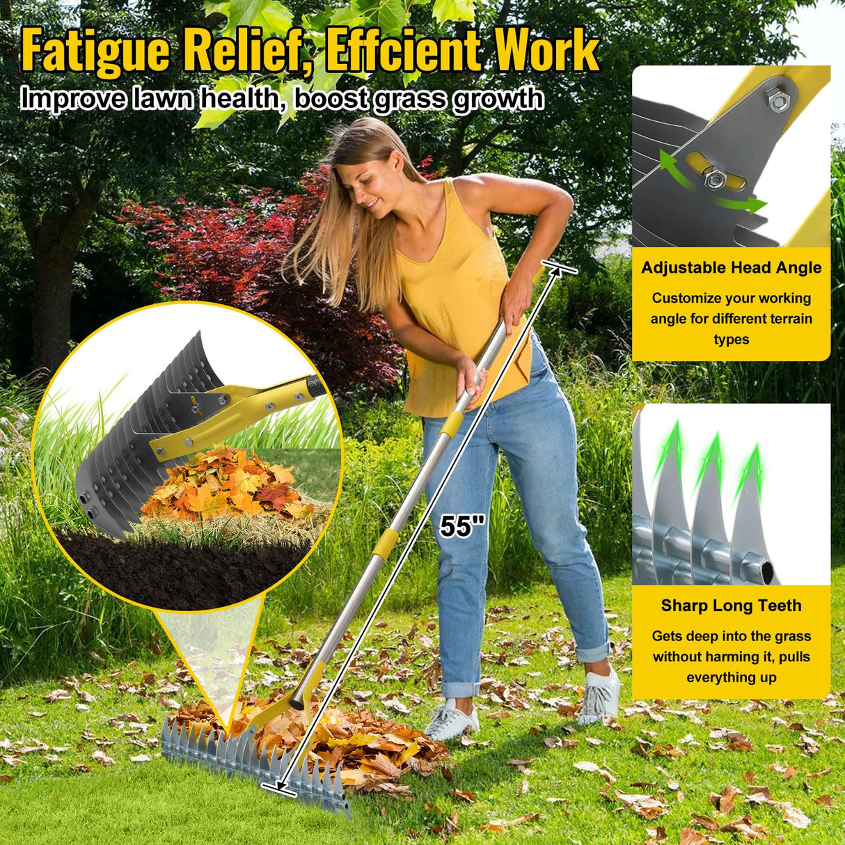 Thatch Rake, 2 in 1 Stainless Steel Garden Rake for Thatch Leaves,55” Heavy Duty 19 Tines Lawn Manual Dethatcher with Adjustable Head,Thatching Rakes for Lawn Yard Grass,Debris Removal, Soil Loosen