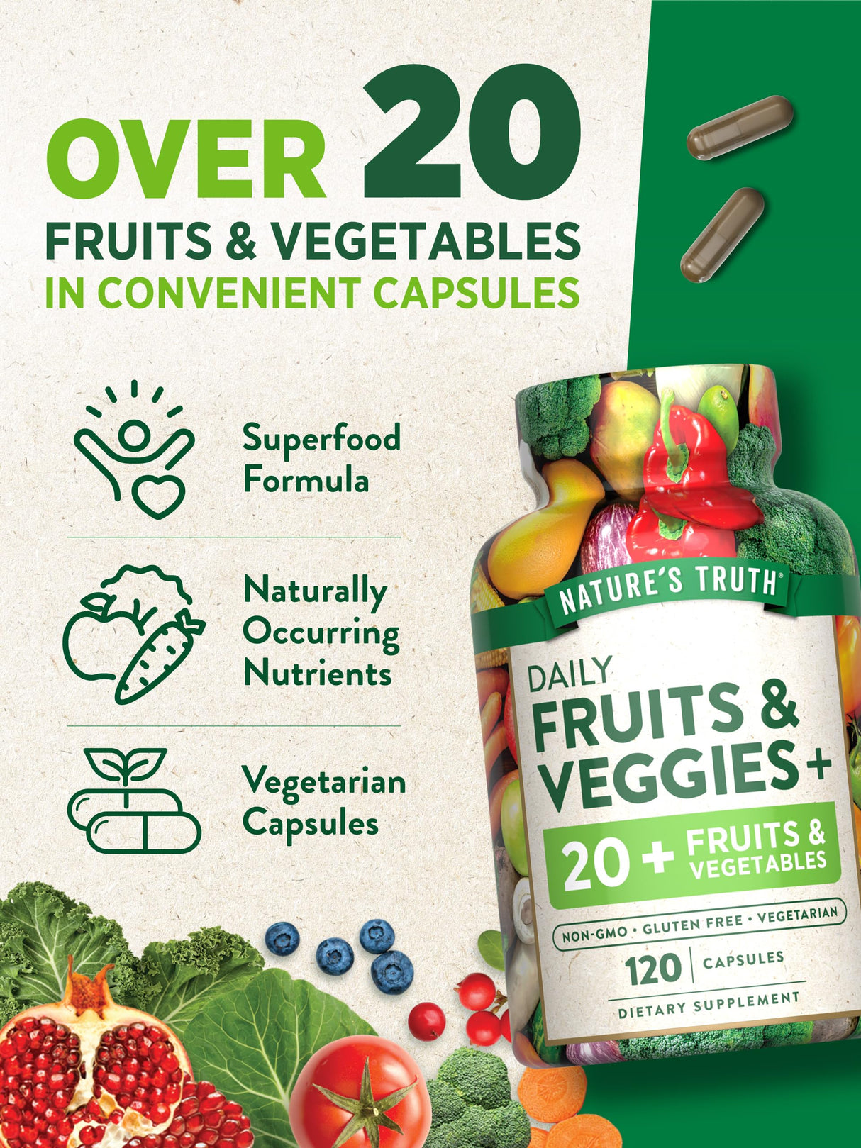 Nature's Truth Fruit and Veggies Supplement | 120 Vegetarian Capsules | 20+ Fruits & Vegetables | Vegetarian, Non-GMO, and Gluten Free Supplement