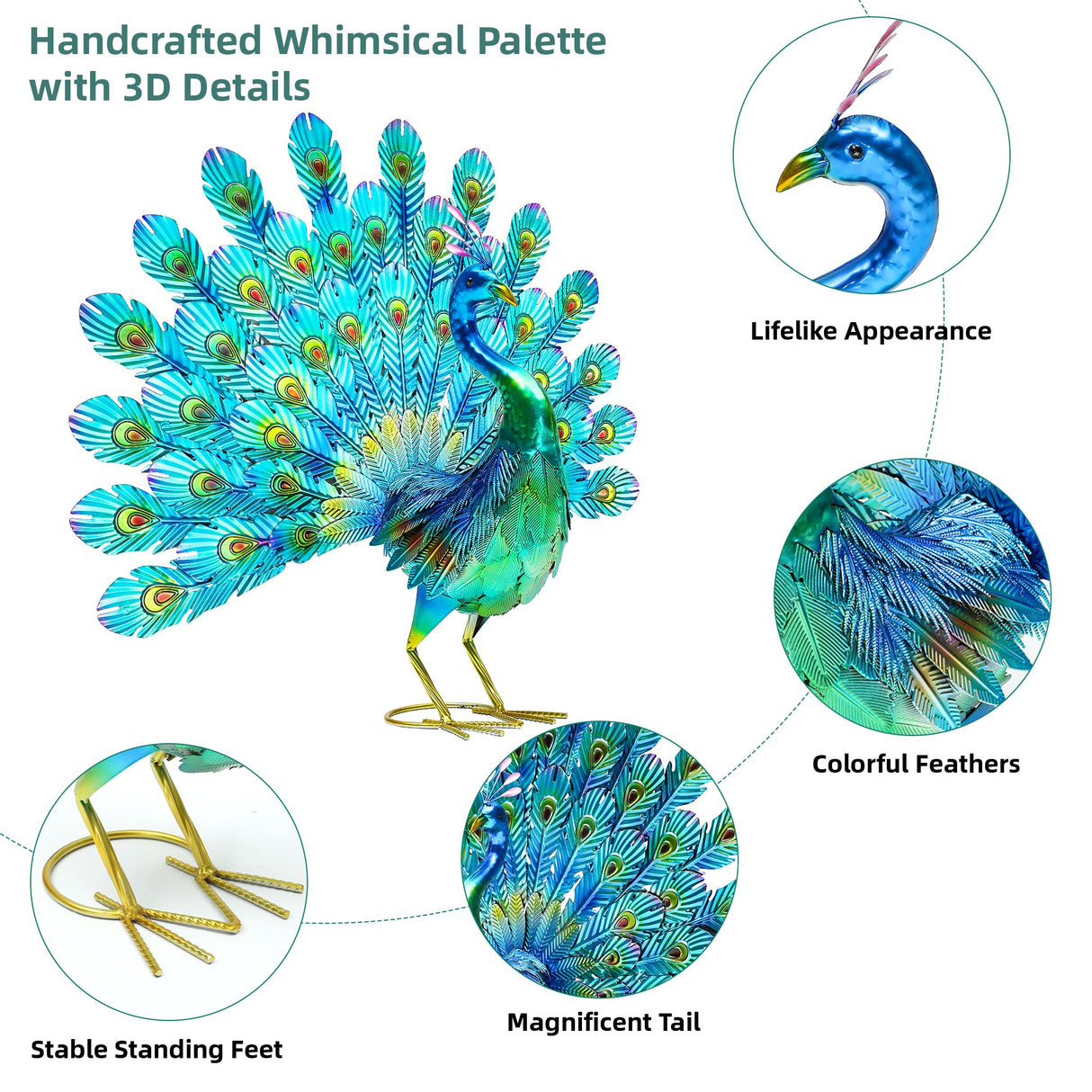 Autodaya 27.5" Metal Peacock Garden Statue with Spread Tail Yard Art