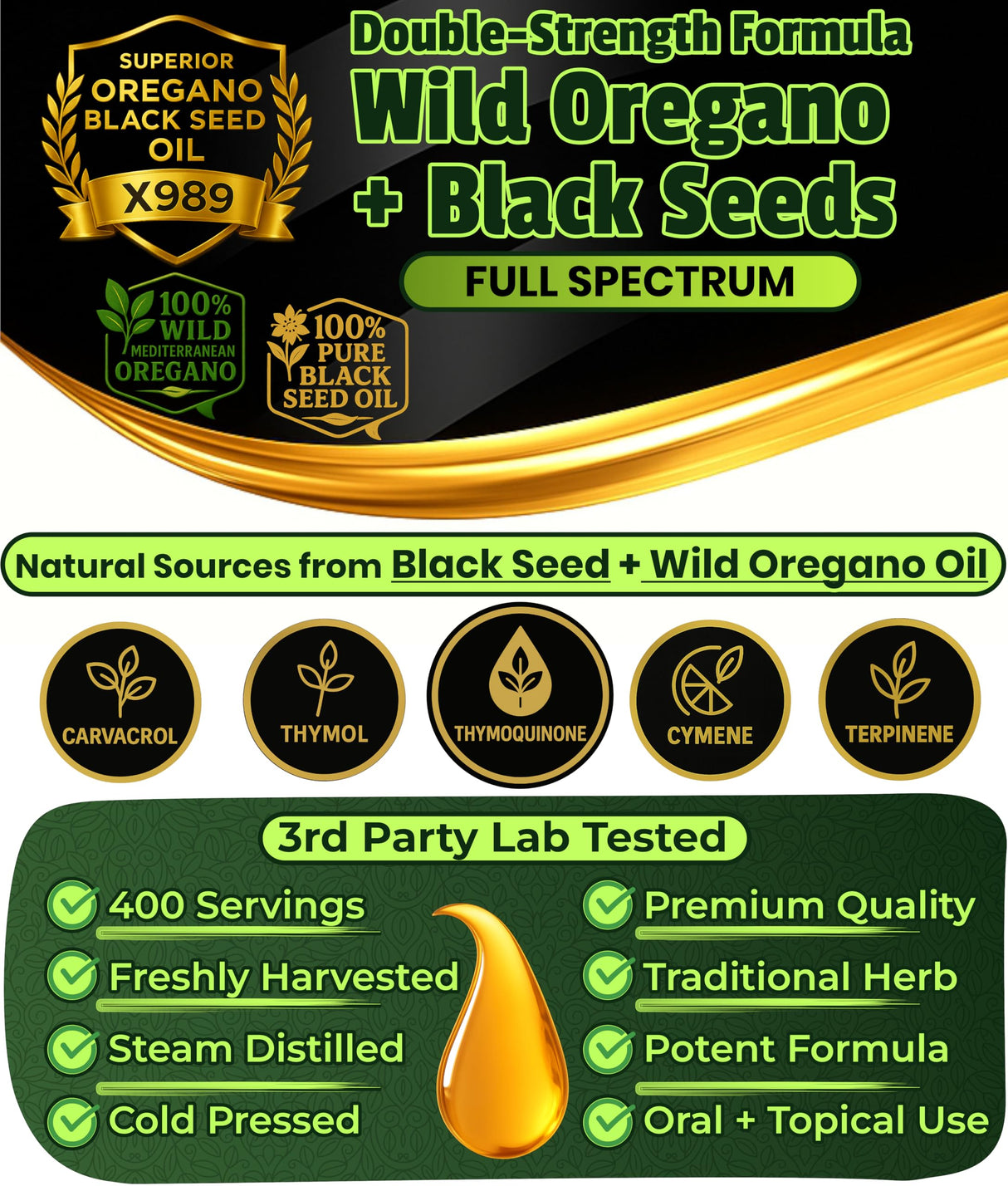 Oil Of Oregano With Black Seed Oil - 400 Servings, 2 in 1 Wild Oregano Oil with Black Seed Oil Drops, Organic Supplement, Alternative to Oregano and Black Seed oil Gel Capsules, Non-GMO, Vegan