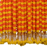 DIYANA IMPEX Marigold Garland for Decoration 5 Pcs of 5 feet Long Strands Artificial Marigold Flowers with Bell, Indian Décor for Pooja/Diwali Decorations/Christmas (Orange + Yellow)