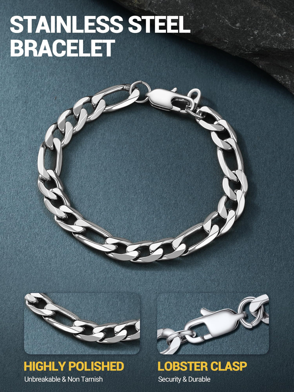 PROSTEEL Stainless Steel Figaro Link Chain Bracelet 6mm 7.5 Inch Men Jewelry