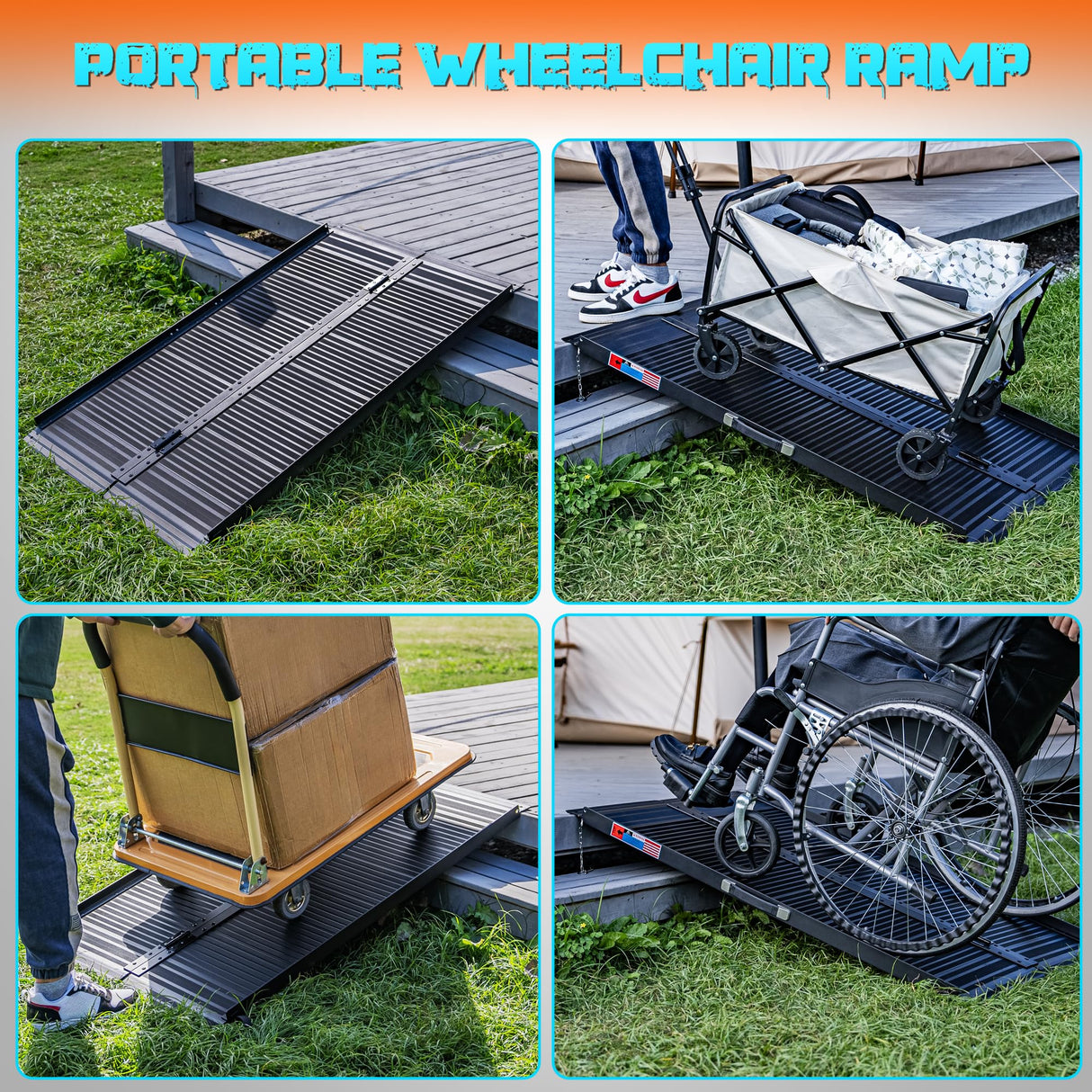 WHALEMOTOR Black Portable Wheelchair Ramp, 4FT No-sew Non-Slip Aluminum Wheelchair Ramp, Folding Portable Wheelchair Ramps for Home, Weight Capacity Up to 600 LBS
