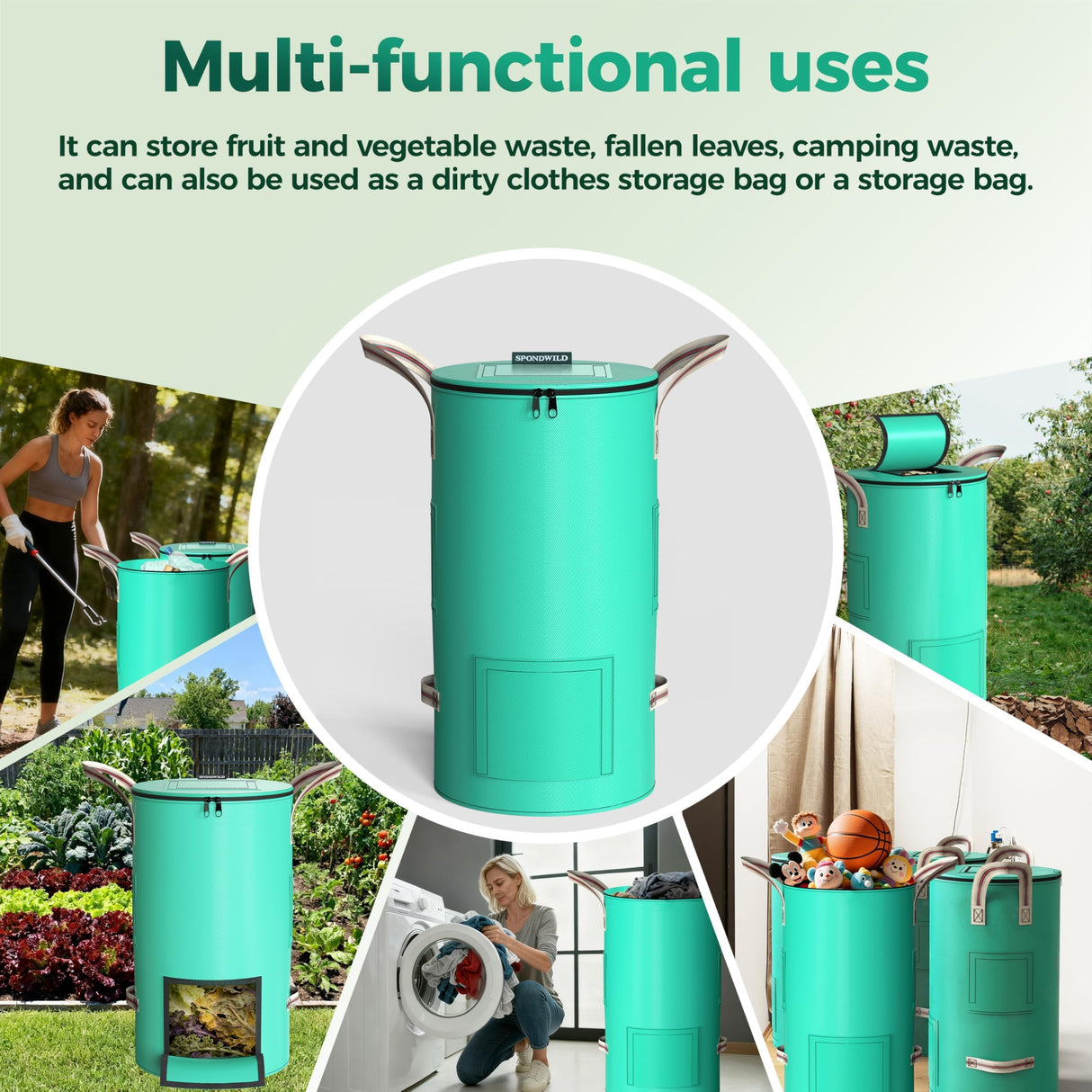 SPONDWILD 32 Gallon Outdoor Garden Waste Bag, Reusable Lawn Bag, Green