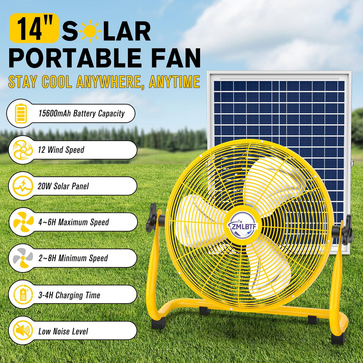 ZMLBTF 14" Solar Powered Fan with 20W Solar Panel & Rechargeable Battery, Portable, Quiet 12 Speed, 360° Tilt Head for Outside, Camping, Travel, Greenhouse, Chicken Coop, Patio, gazebo (Yellow)