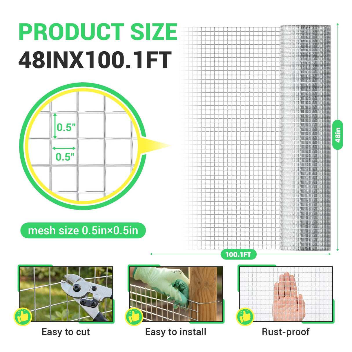 Land Guard Hardware Cloth 1/2 Inch 48inx100.1ft 19 Gauge Square Chicken Wire Fence Mesh Roll Raised Garden Bed Plant Supports Poultry Netting Cage Snake Fence…