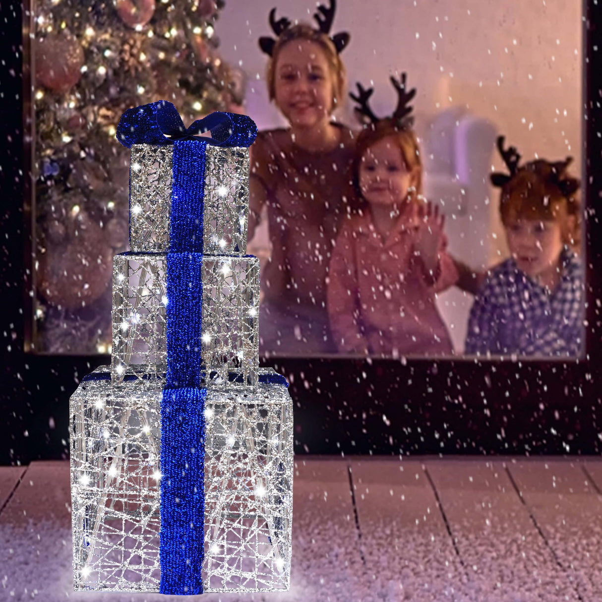 Lighted Gift Boxes Set of 3, Silver Boxes with Bow, Prelit 60 White Lights Present Box Lighted Display with Plug for Home Porch Outdoor Yard Christmas Decorations-Blue