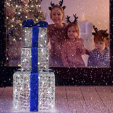 Lighted Gift Boxes Set of 3, Silver Boxes with Bow, Prelit 60 White Lights Present Box Lighted Display with Plug for Home Porch Outdoor Yard Christmas Decorations-Blue