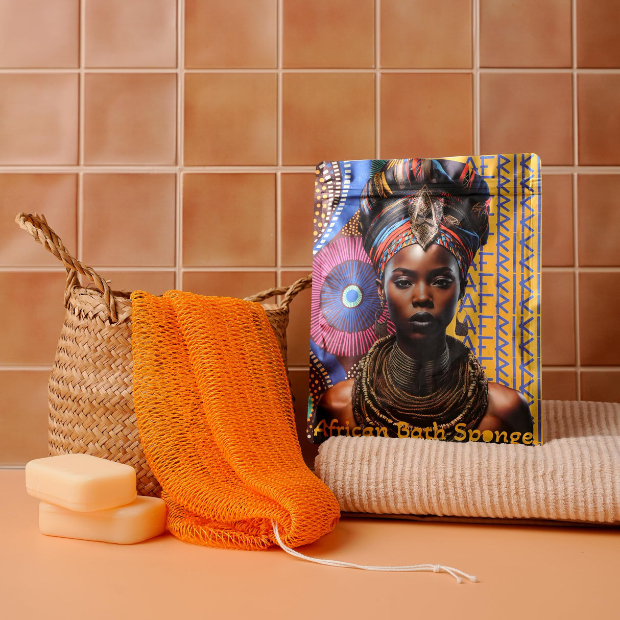 AFRIKI African Net Sponge, Authentic African Exfoliating Sponge, Black Owned, Back Scrubber, 45 inch Long, for Normal to Sensitive Skin, for Daily use, Earth Collection