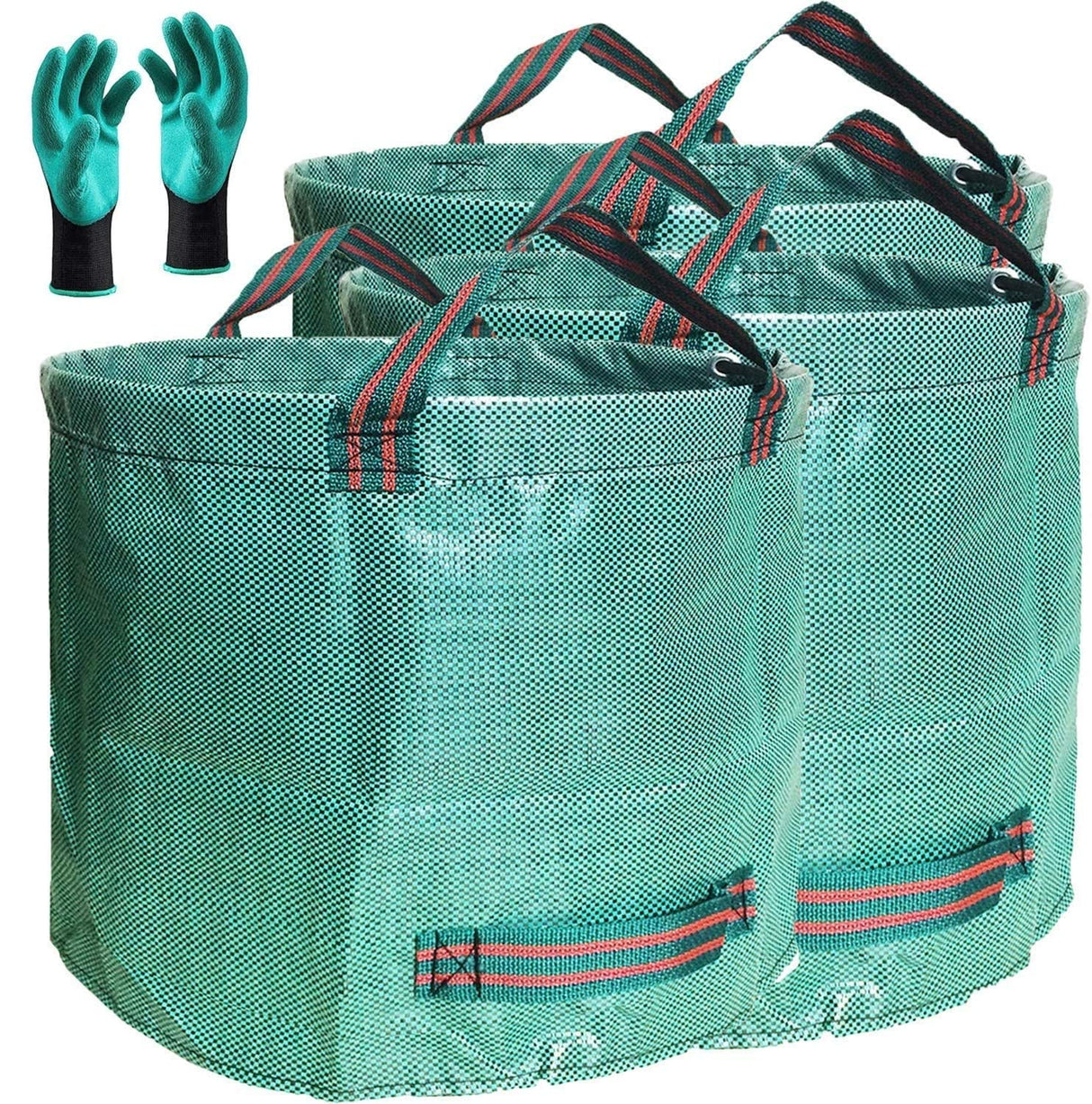 Professional 3-Pack 137 Gallon Extra Large Lawn Garden Bags (D34,H34 in) Reusable Yard Waste Bags with Gardening Gloves for Big Leaf Bag,Lawn Weeds,Grass Clippings Bag,Yard Debris Containers 4 Handles