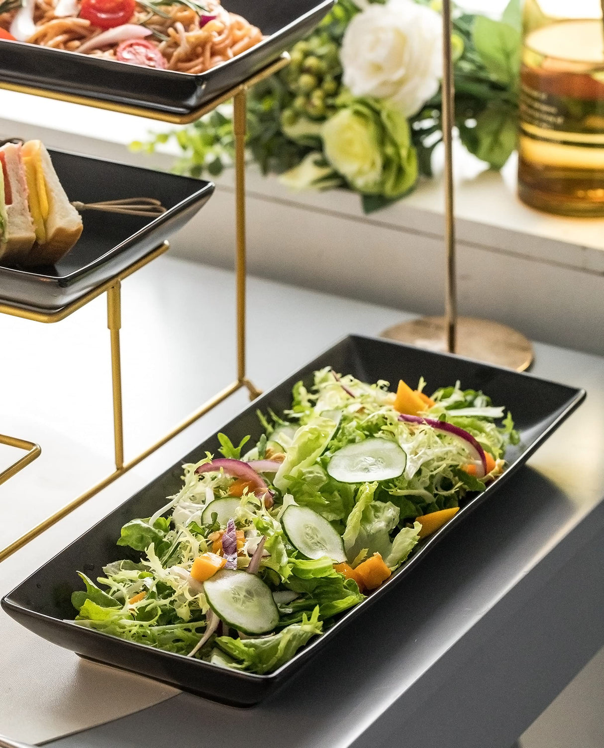 LYEOBOH 3 Tier Serving Tray Set, Tiered Serving Stand with Platters, Serving Dishes for Entertaining Halloween Christmas Party, Collapsible Sturdier Stand & 14 Inch Large Platters for Food Display