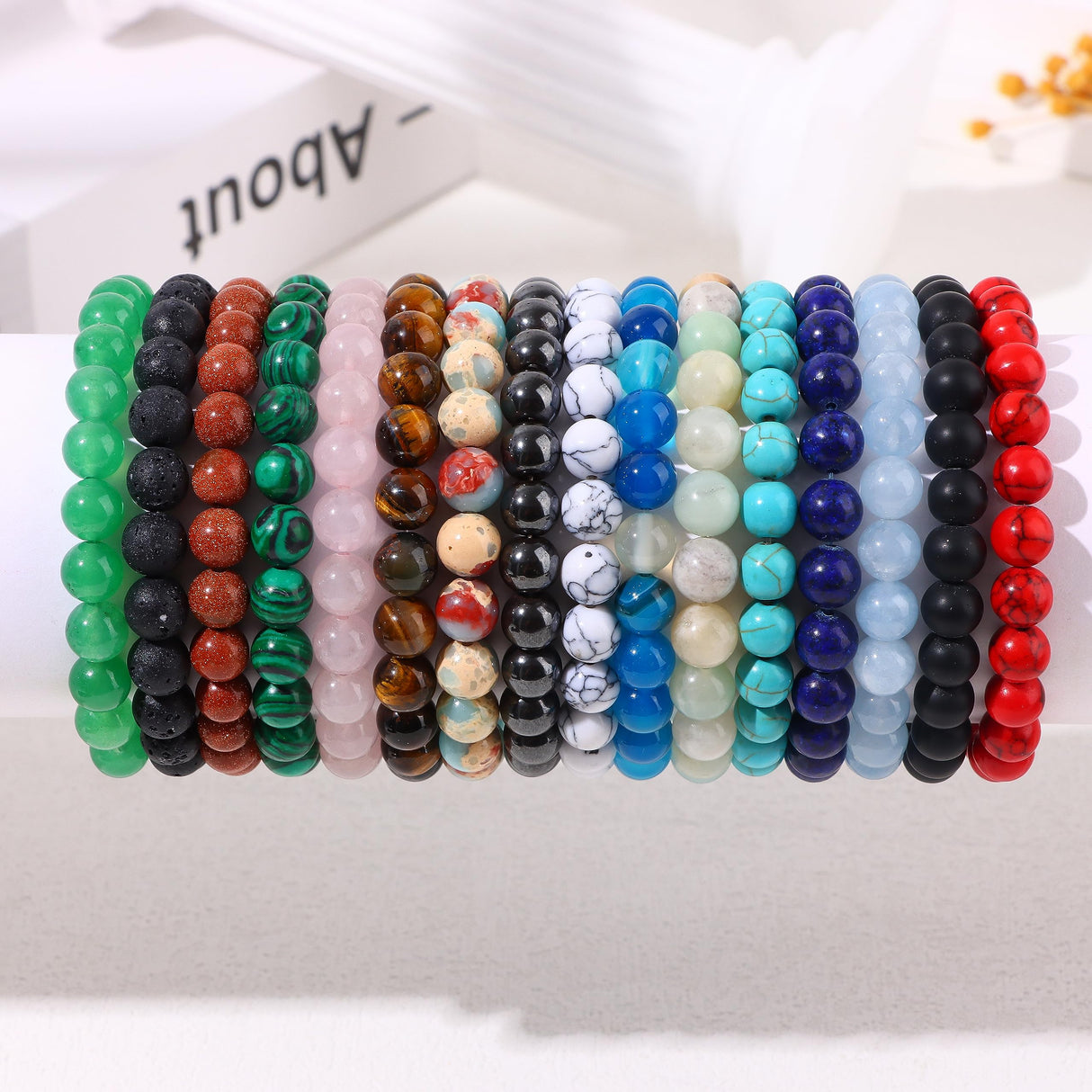 FIRAZIO 16PCS Semi-Precious Gemstone Bracelet - Crystal Stone Beaded Bracelets for Women Men 8mm Round Beaded Stretch Bracelets Unisex Yoga Bracelets Gifts (16Pcs)