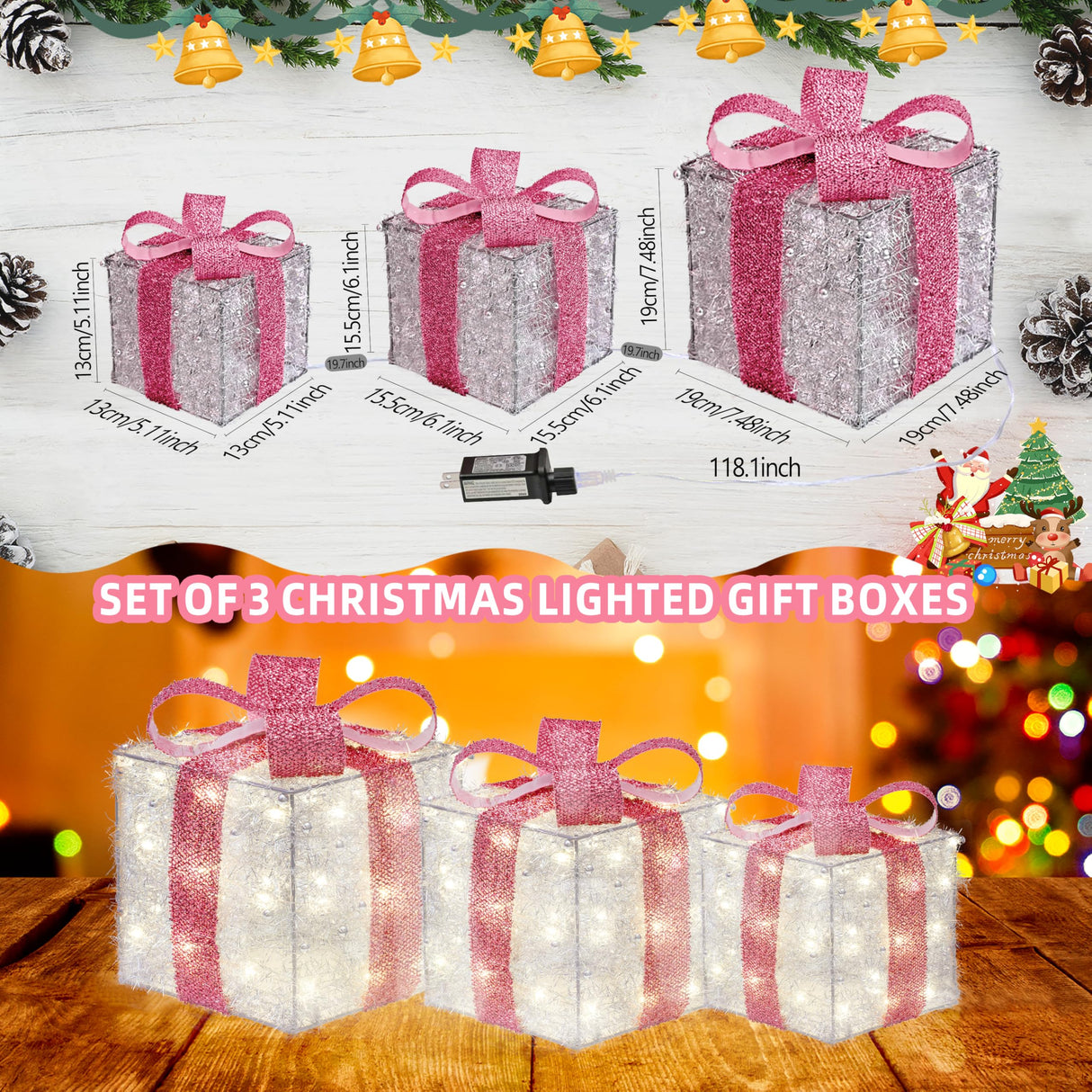 Christmas Decorations, 140 LEDs Set of 3 Lighted Gift Boxes with Silver Tinsel and Pink Bows, Warm White Present Boxes for Indoor Outdoor Holiday Party Yard Bedroom Home Xmas Decor