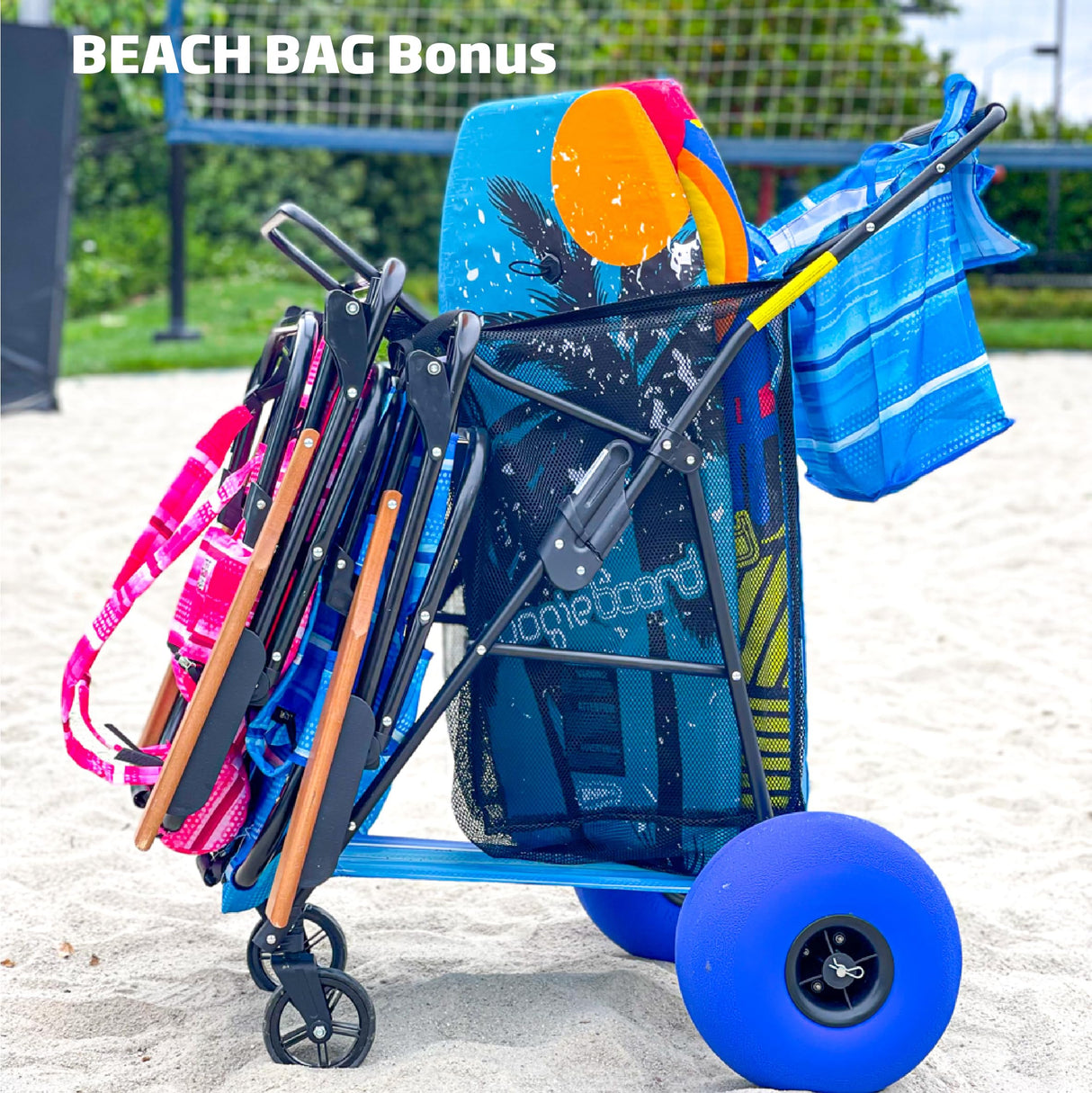 Beach Cart Balloon Wheel Deluxe Heavy Duty Folding Ocean Utility 13” x 7” Sand Wheels Holds 4 Folding Chairs Umbrella Holder Removable Beach Bag Blue Striped Pattern