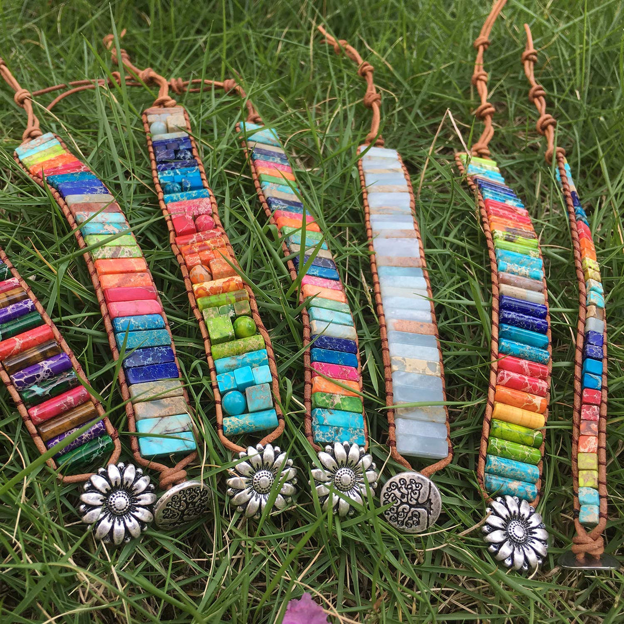 sedmart Fashion Gemstone Bracelets Handmade Bracelets Jewelry Multicolor Yoga Bracelets Friendship Boho Bracelets Leather Bracelets Rectangle Stone Healing Bracelets Sunflower Button Wrap Bracelet