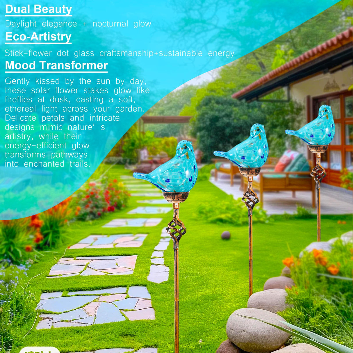 Garden Solar Lights,Solar Garden Stake Lights - Hand Blown Glass Decorative Garden Pathway Lights Outdoor Waterproof Sky Blue Bird Glass Stakes