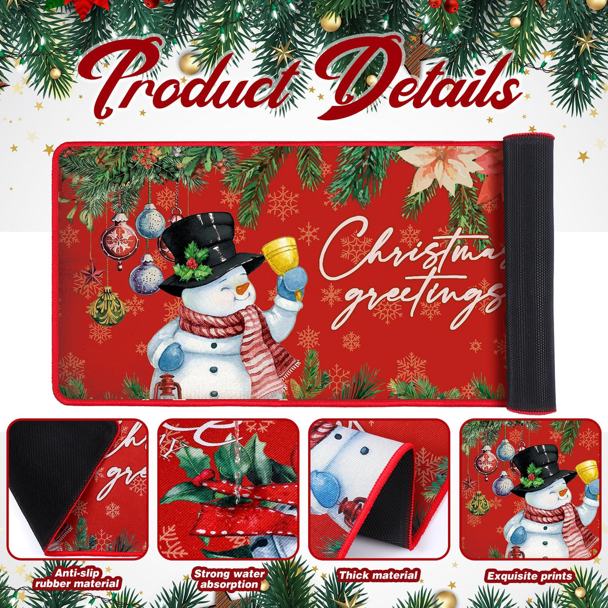 Drydiet 3 Pcs Christmas Kitchen Rugs and Mats Set Xmas Winter Farmhouse Non Slip Rugs Christmas Snowman Candy Holly Berries Floor Mats for Kitchen Home Hallway Holiday Decor, 17 x 29 and 17 x 47 Inch