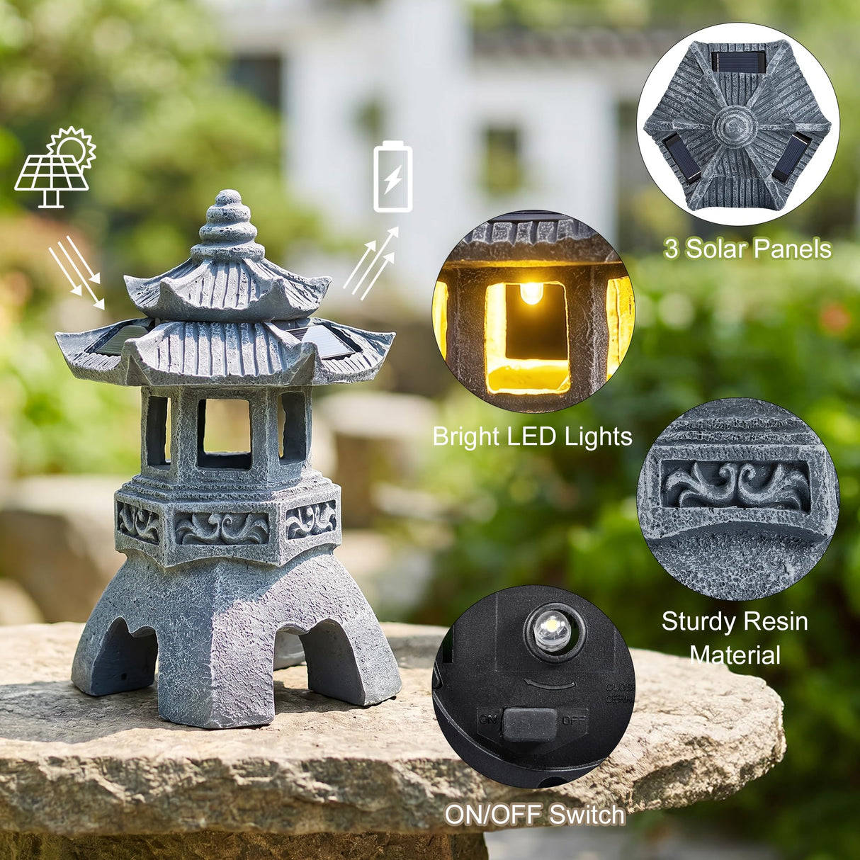 HL3NIGIM Solar Zen Garden Statue, Pagoda Lantern with 3 Solar Panels, Outdoor Decor for Landscape Patio, Balcony and Yard, Gift for Women Mom and Gramma