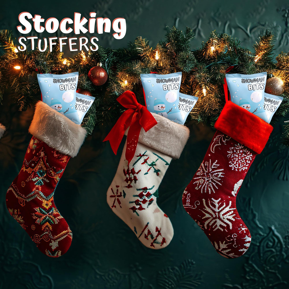 4E's Novelty 50 Packs "Snowman Bits" Mini Marshmallow Packets, Vanilla Flavored, 14 Marshmallows in Each Bag, Bulk Individually Wrapped Christmas Marshmallows For Hot Chocolate Bar Supplies Party Treats