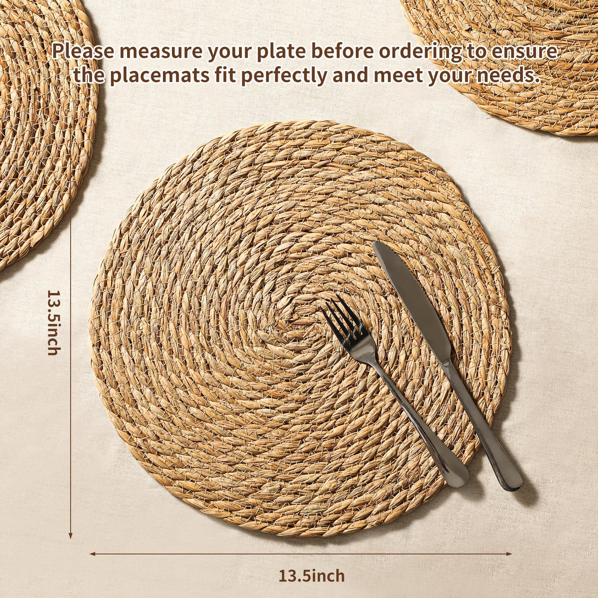 13.5'' Round Woven Placemats Set of 12, Boho Rattan Chargers for Dinner Plates, Rustic Wicker Place Mats, Straw Braided Table Placemats, for Dining Table, Thanksgiving, Fall, Farmhouse, and Christmas