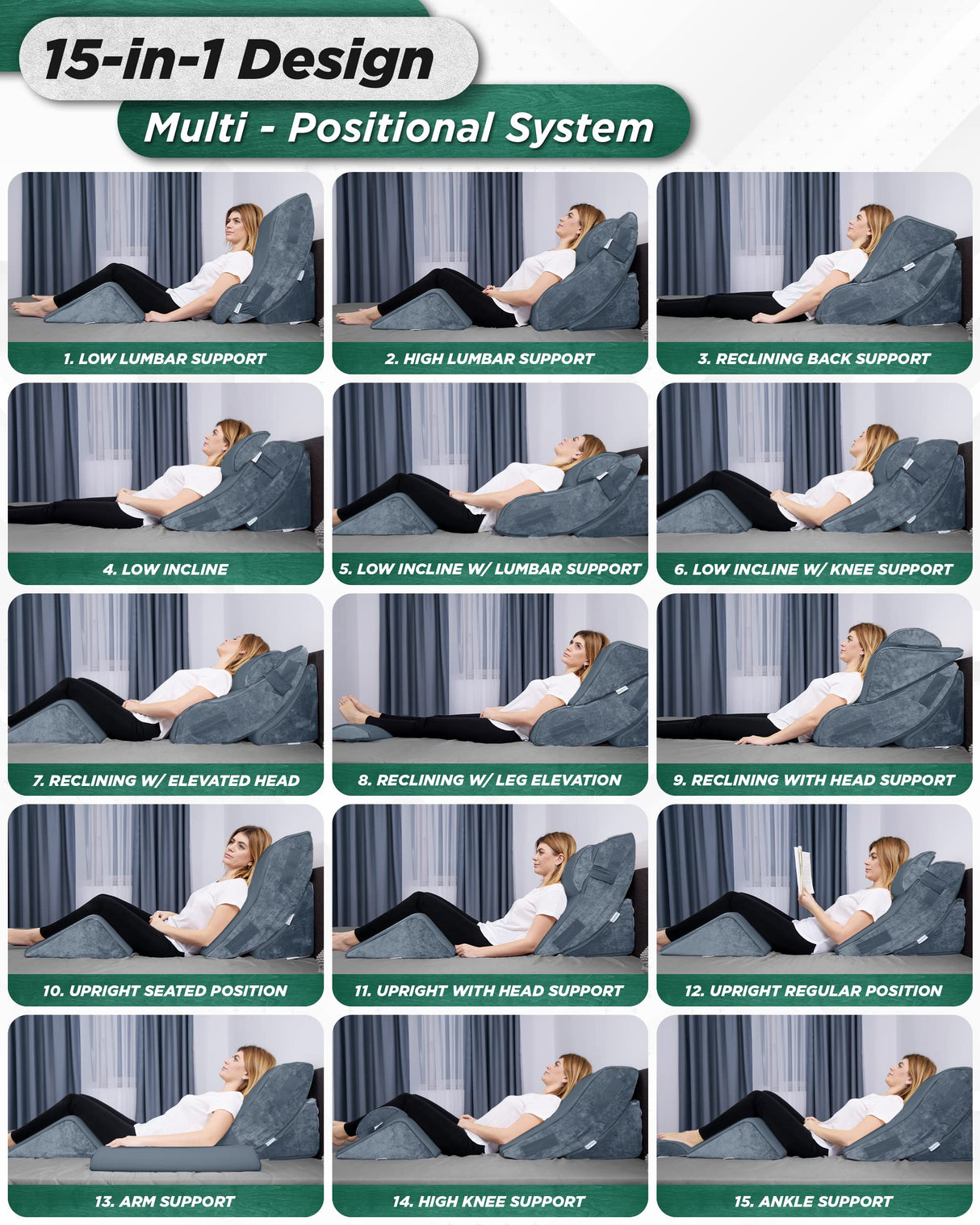 Lunix 4pcs Orthopedic Bed Wedge Pillow Set, Post Surgery Memory Foam for Back, Knee, Leg Pain Relief, Sitting Pillow for Sleeping, Acid Reflux, GERD, with Hot Cold Pack, FSA HSA Eligible, 100% Navy