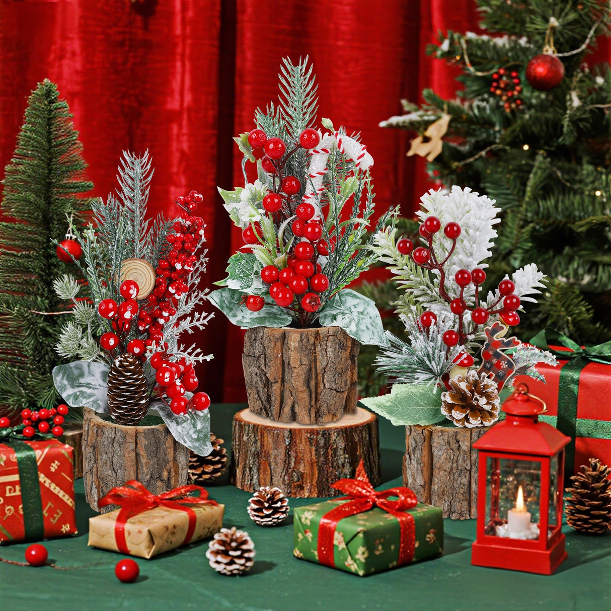 winemana 3 Pack Mini Christmas Trees Table Decorations, 11.5 Inch Small Artificial Xmas Tree Centerpieces with Red Berries & Pine Cones for Home, Office, Tabletop, Indoor Holiday Party Decor