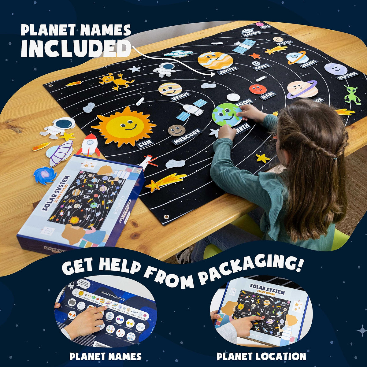 BONNYCO Solar System for Kids with 61 Felt Planet Figures, Montessori Toys