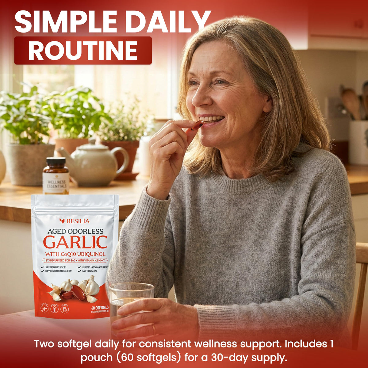 Resilia Odorless Aged Garlic Softgels (60 Count) | 1200mg Aged Garlic Per Serving | with CoQ10 Ubiquinol & Vitamin K2 (MK-7) | Dietary Supplement