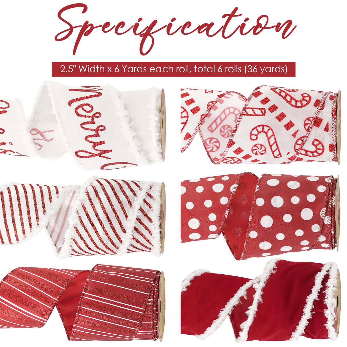 HUIHUANG Christmas Wired Red Christmas Tree Ribbon - 6 Rolls Red and White Candy Cane Ribbon for Tree, Gift Wrapping, Wreath, Garland, Home Decor (2.5" Width, 36 Yards Total)