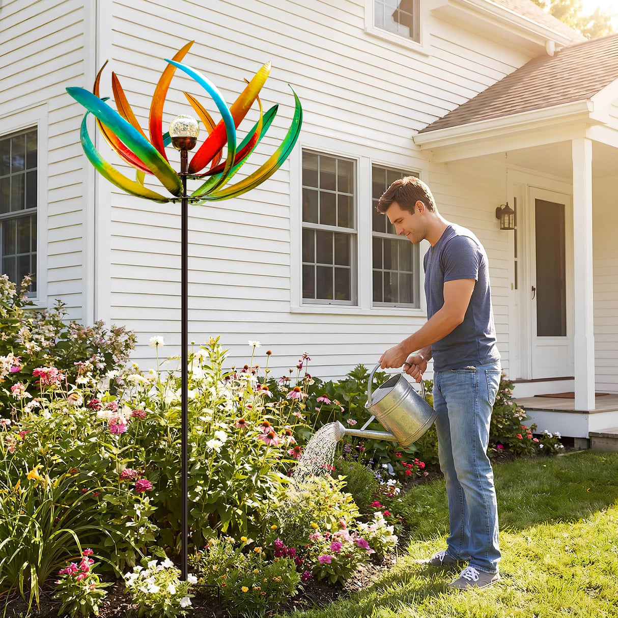 83" Large Solar Wind Spinner Outdoor - Metal Tulip Flower Sculpture with Multi-Color LED Glass Ball - Waterproof Kinetic Yard Art for Garden Lawn Patio, Mother’s Day Birthday Gardening Gifts