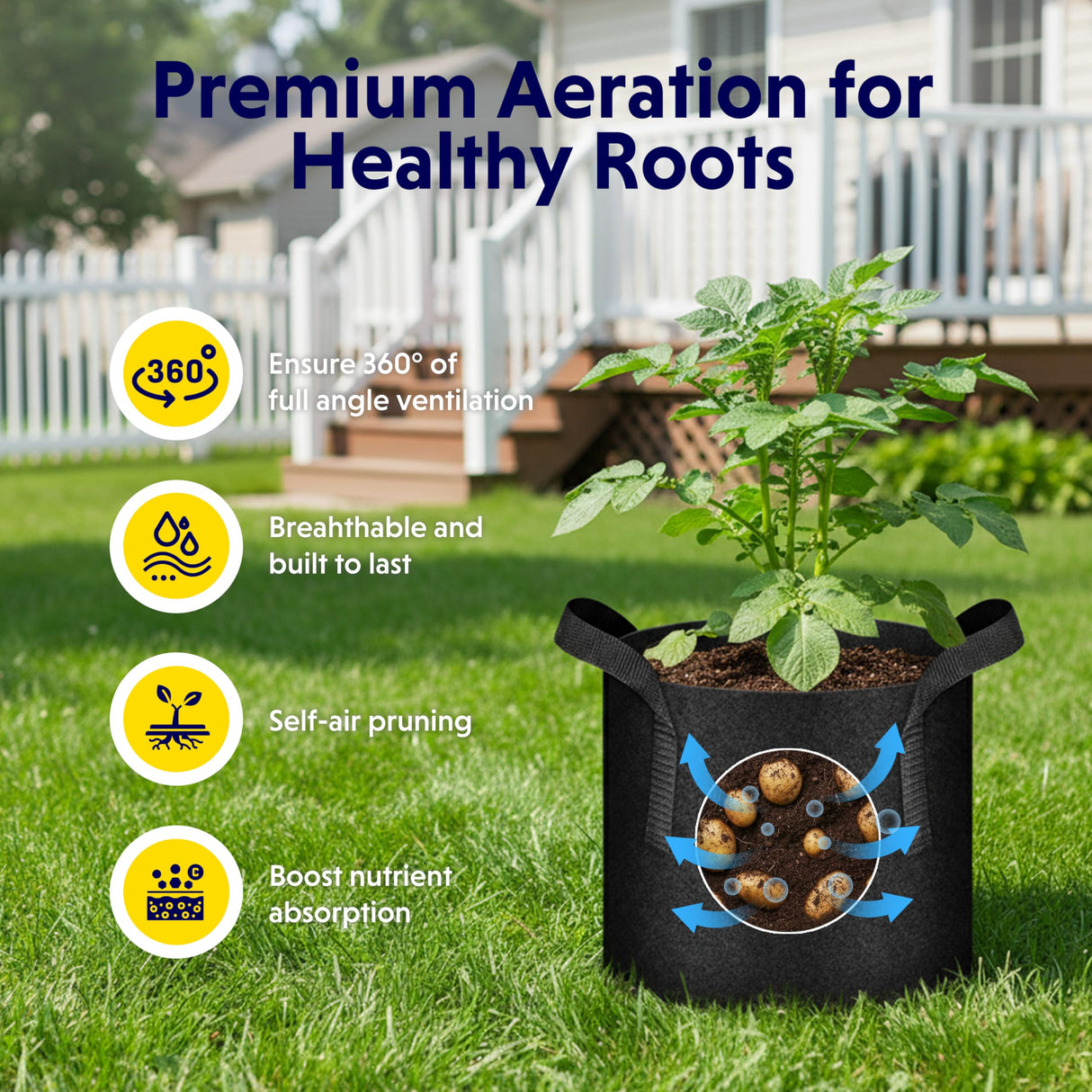 iPower 5-Pack 10 Gallon Plant Grow Bags Thickened Nonwoven Aeration Fabric Pots Heavy Duty Durable Container, Strap Handles for Garden, Black New