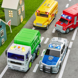 JOYIN 4 Pcs 7" Long Vehicle Toy Set, Toddlers Cars with Lights and Siren Sound, Including Play Police Car, School Bus, Garbage Truck, Ambulance, Birthday Christmas Party Gifts Toys for Boys 3-5