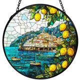 XINCEYWJ Mediterranean Tuscan Decor, Italian Lemon Amalfi Coast Suncatchers Stained Glass Window Hanging, Summer Beach Sun Catchers Indoor Window Glass Round Wall Decor, 7.9x7.9in