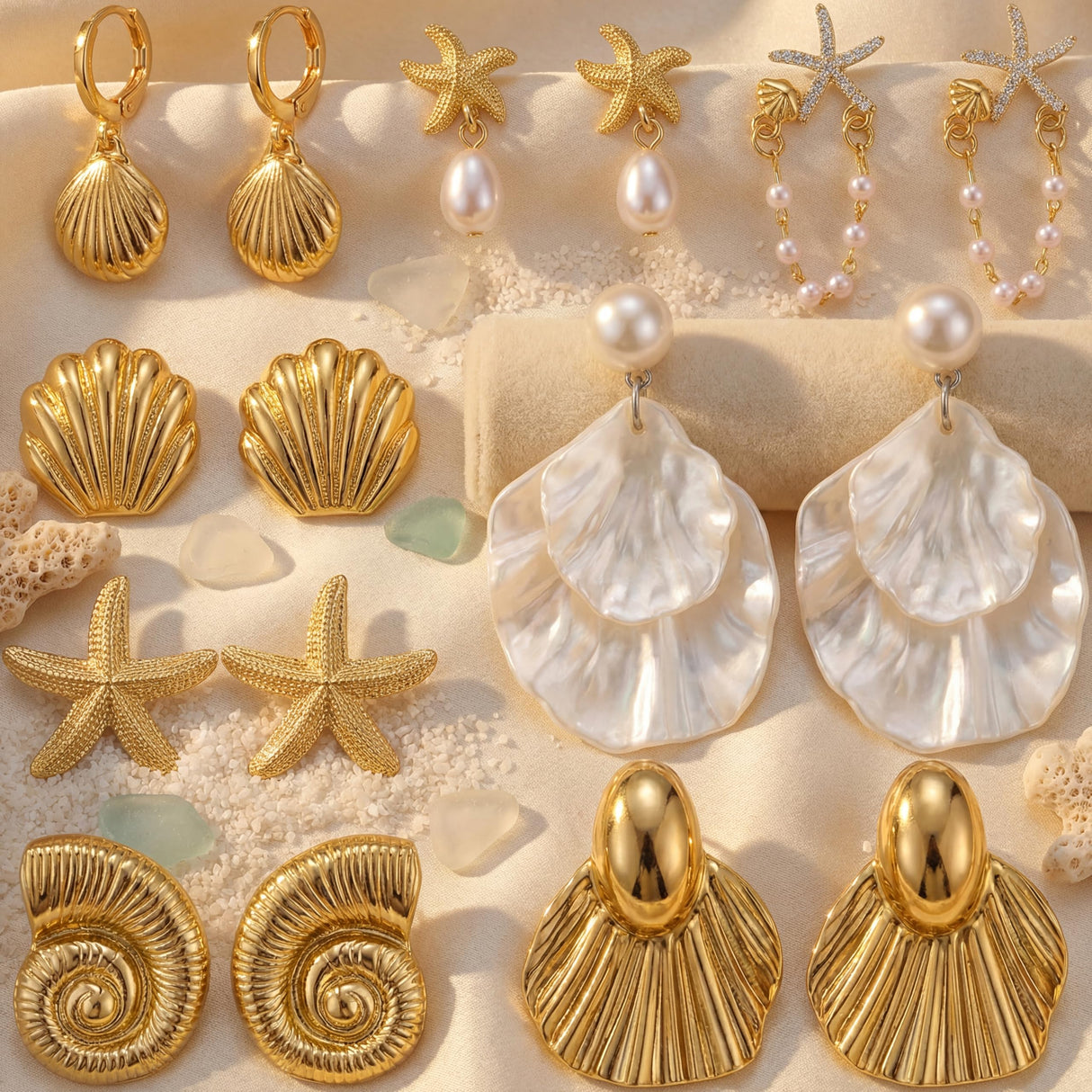Nosiny 8 Pairs Beach Earrings for Women Gold Starfish Seashell Pearl Drop Shell Conch Earrings Summer Ocean Beachy Jewelry