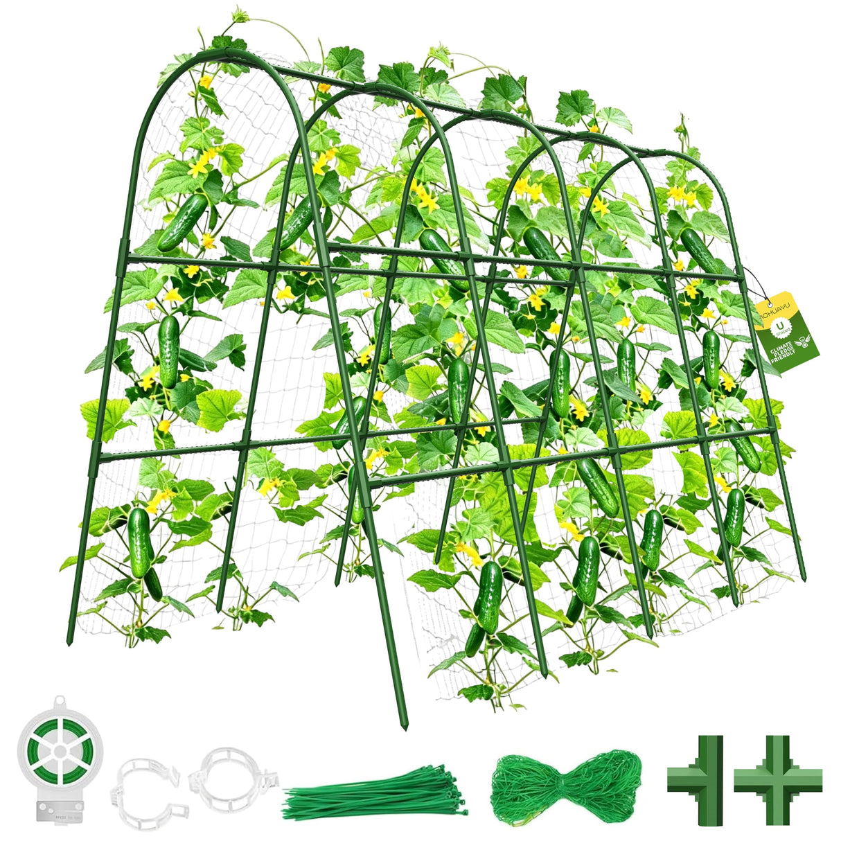 MQHUAYU Cucumber Trellis for Raised Bed,U-Shape Garden Trellis for Climbing Plants Outdoor, Metal Arch Vegetables Trellis, Plant Support for Vine (Green, 63" Lx21.6 Wx47.2 H-Large)