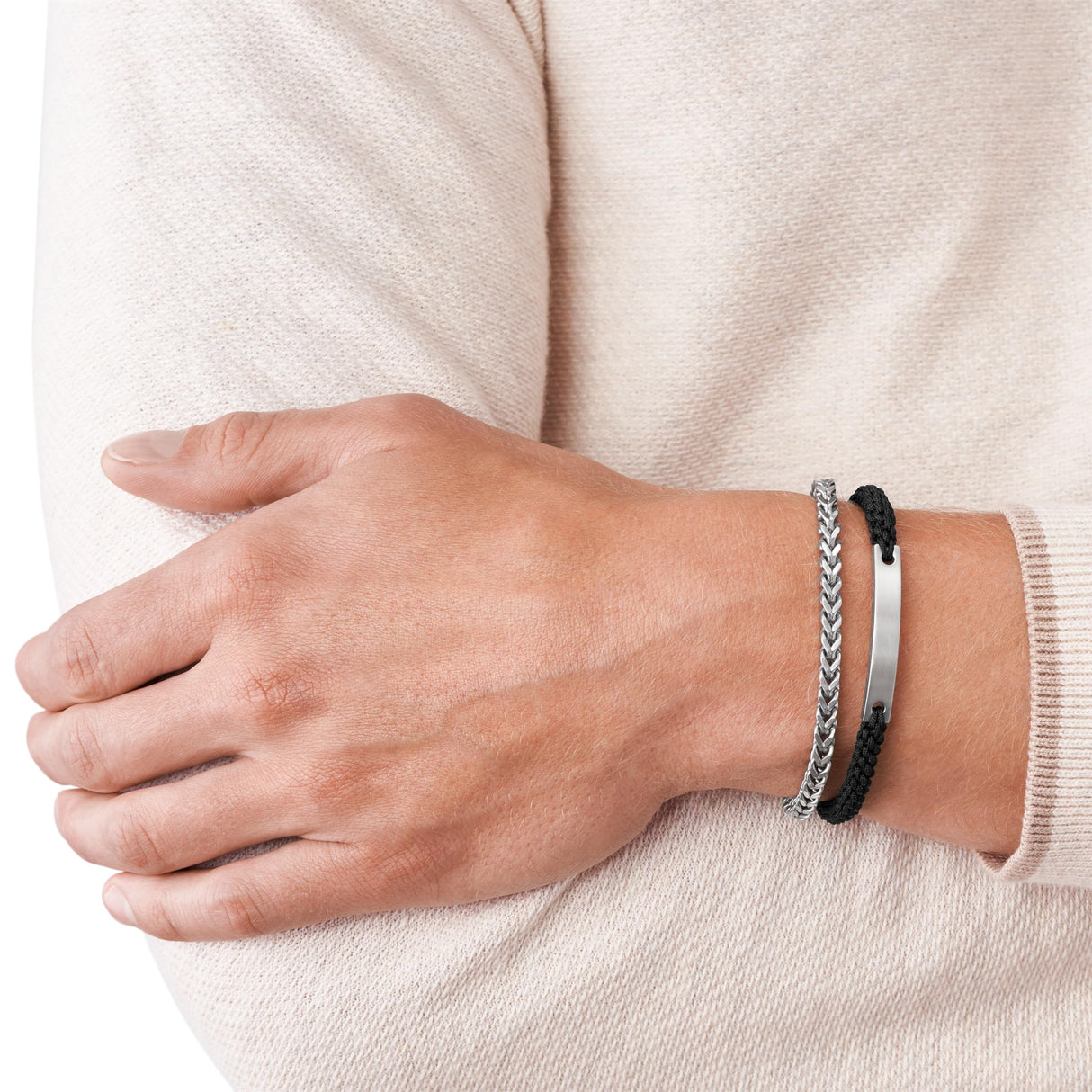 Fossil Men's Stainless Steel Engravable ID Bracelet, Color: Silver/Black (Model: JF03325040)