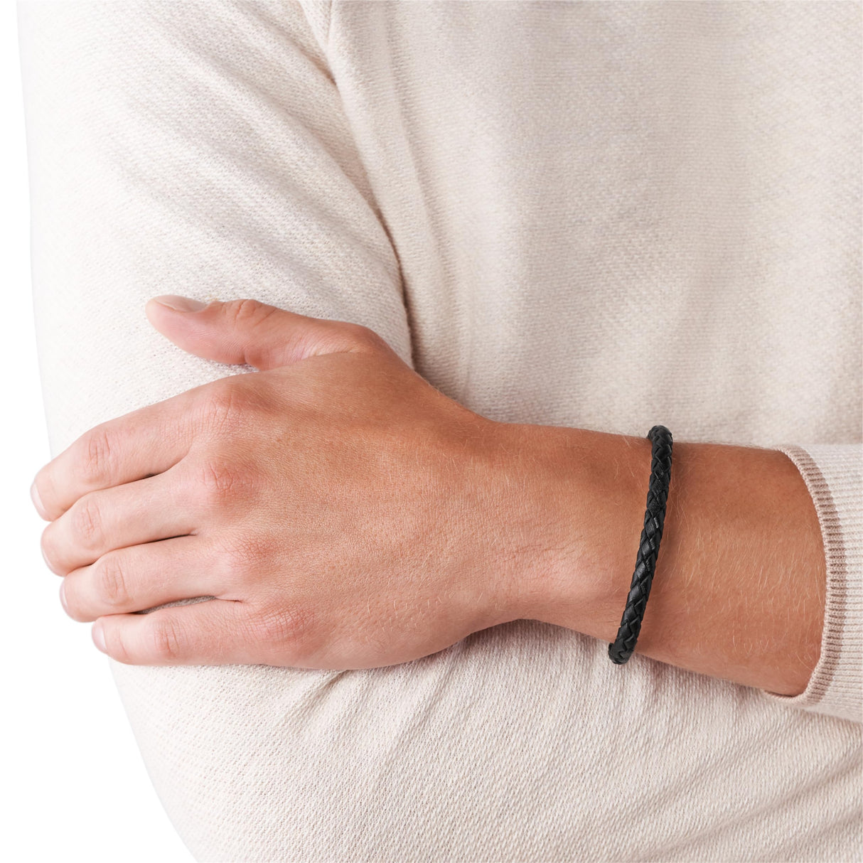 Fossil Men's Leather Braided Leather Bracelet, Color: Black/Silver (Model: JF00510797)