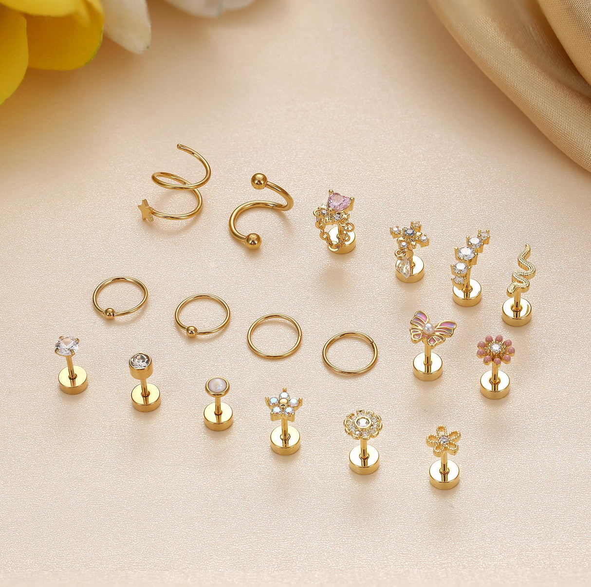 Cartilage Earring Stud for Women 14K Gold Plated Opal Flat Back Earrings