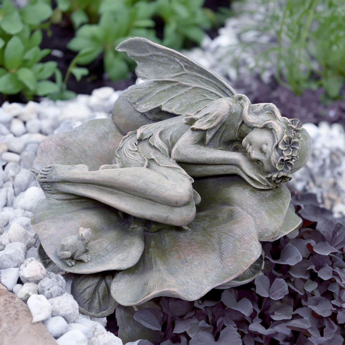hvfun Garden Fairy Statue,Garden Sleeping Angel on Lotus Leaf with Bird Feeder Feature Outdoor Decor Sculptures Figurine Gardening Lawn