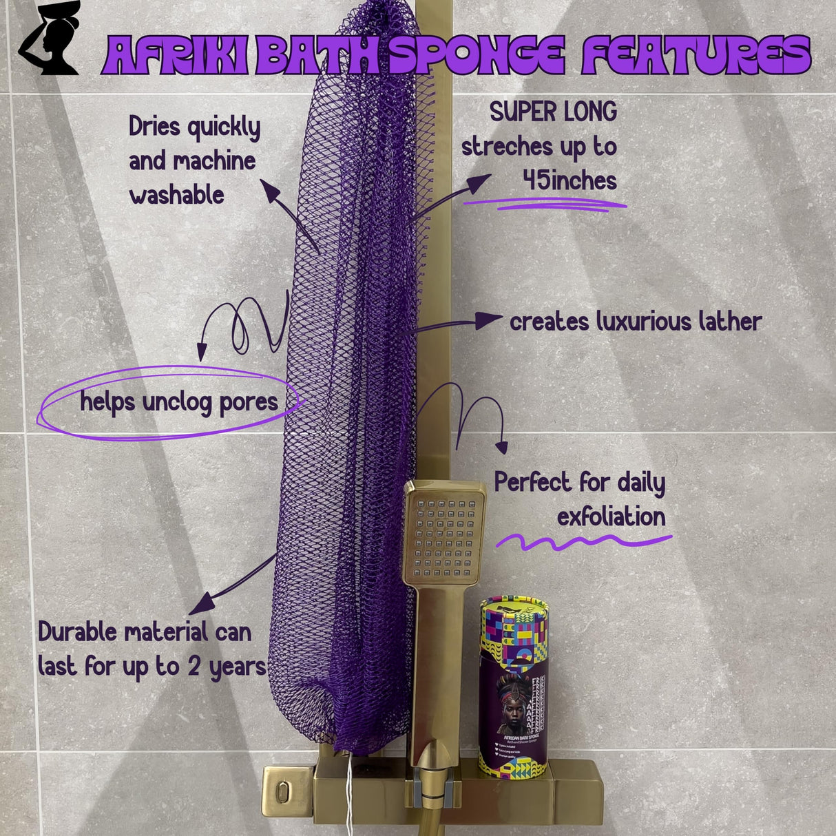 AFRIKI African Net Sponge, Authentic African Exfoliating Sponge, Black Owned, Back Scrubber, 45 inch Long for Normal to Sensitive Skin, for Daily use, Original Collection